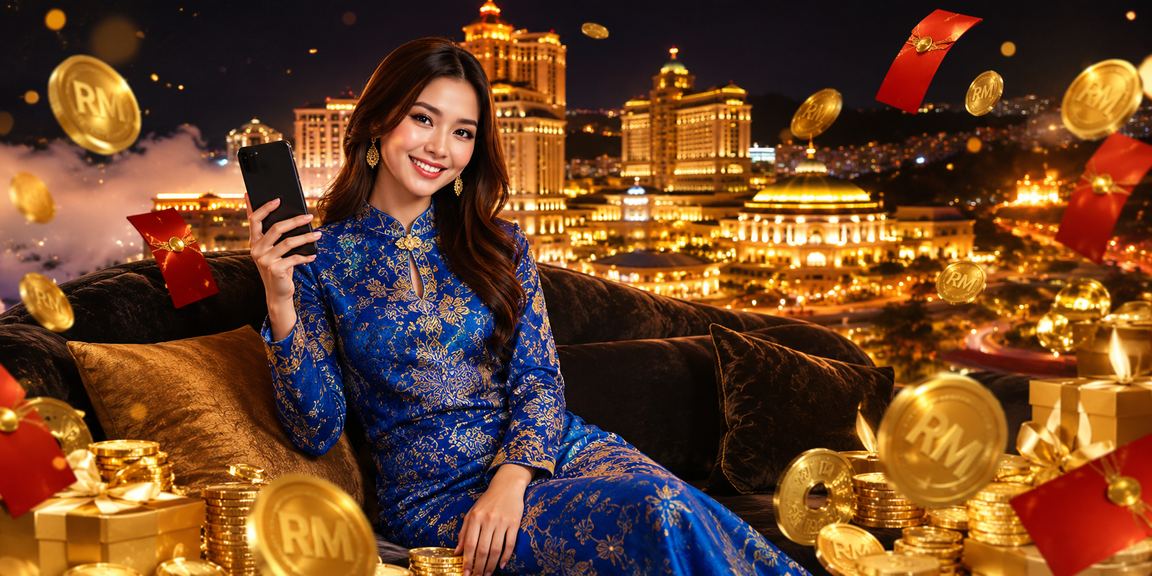 Wanita berbaju kurung memegang sampul merah bonus di Genting Highlands, suasana hiburan kasino cla45s